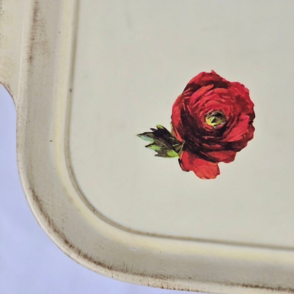 Lightweight Rectangular Tray with Rose Pattern Integrated Handles Distressed - Picture 4 of 8